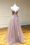 Pink v neck tulle lace long prom dress pink lace evening dress