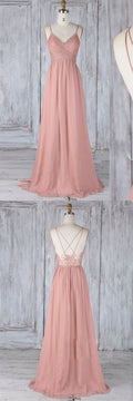 Pink chiffon lace long prom dress pink lace bridesmaid dress