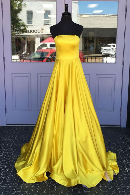 Simple yellow satin long prom dress, yellow evening dress