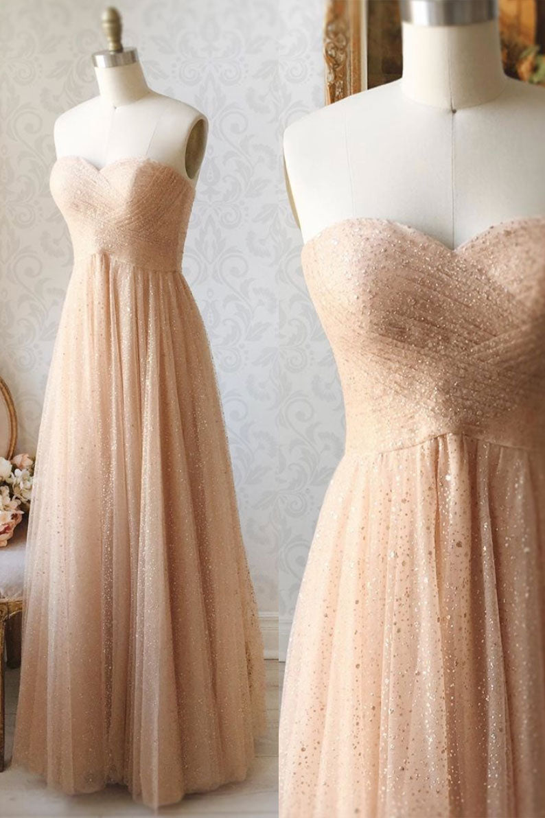 Champagne sweetheart tulle sequin beads long prom dress