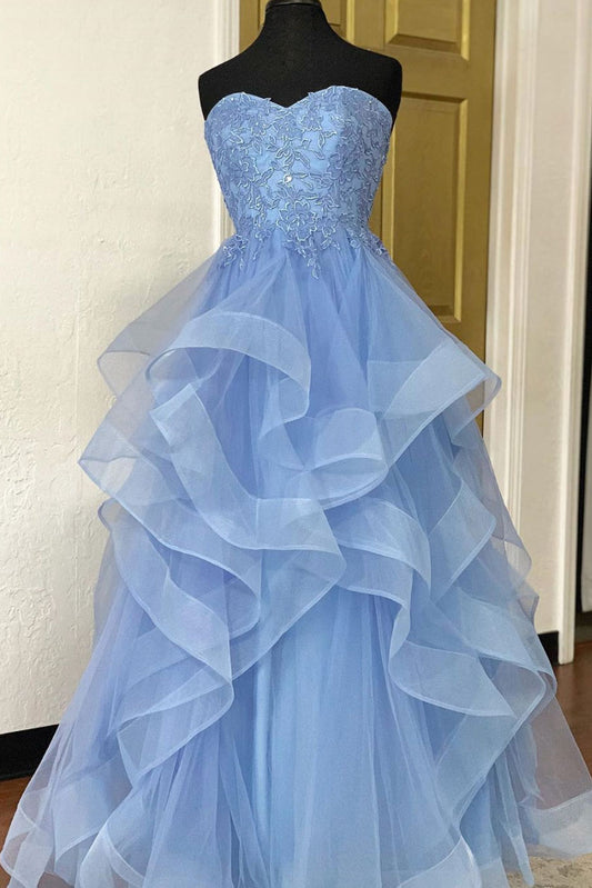 Blue tulle lace long prom dress, blue tulle lace evening dress