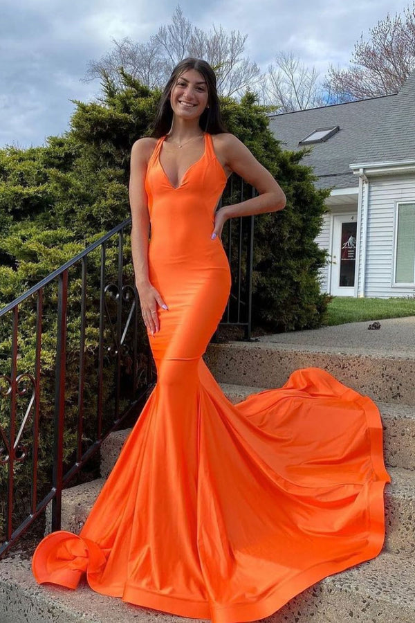 Simple Orange satin mermaid long prom dress orange evening dress