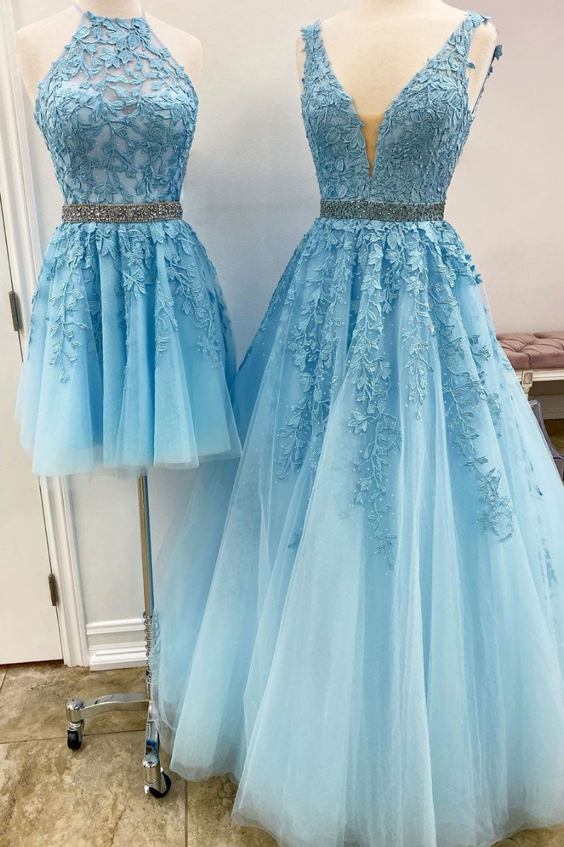 Blue tulle lace long prom dress lace tulle evening dress