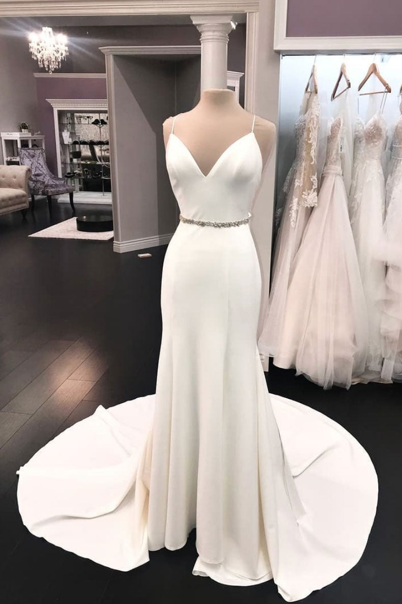 White v neck long prom dress, white long evening dress