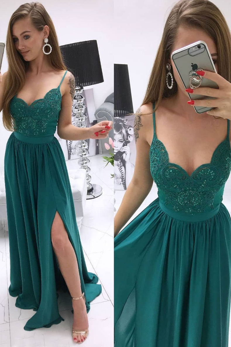 Green sweetheart lace chiffon long prom dress green evening dress