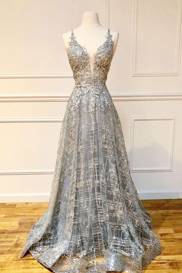 Gray v neck tulle lace long prom dress gray evening dress