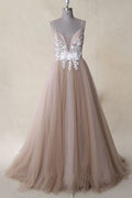 Champagne v neck tulle lace long prom dress tulle lace evening dress