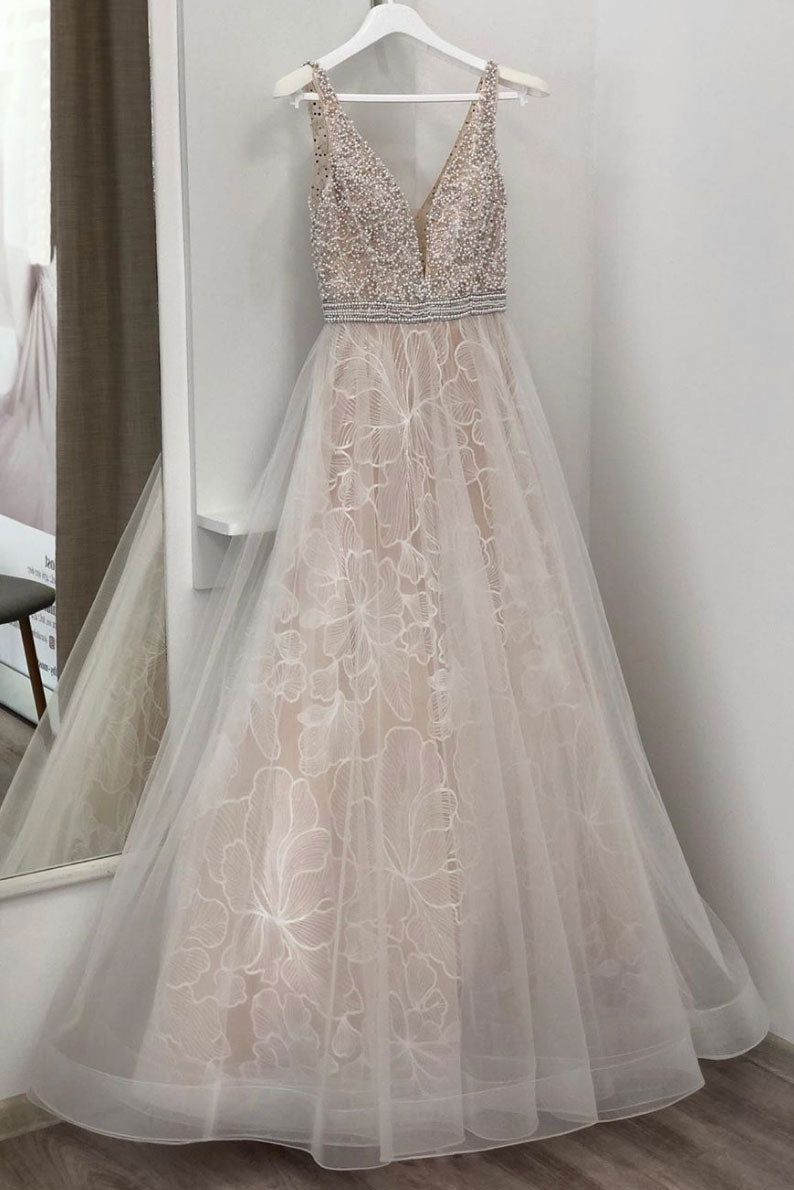 Unique v neck tulle beads long prom dress, champagne evening dress