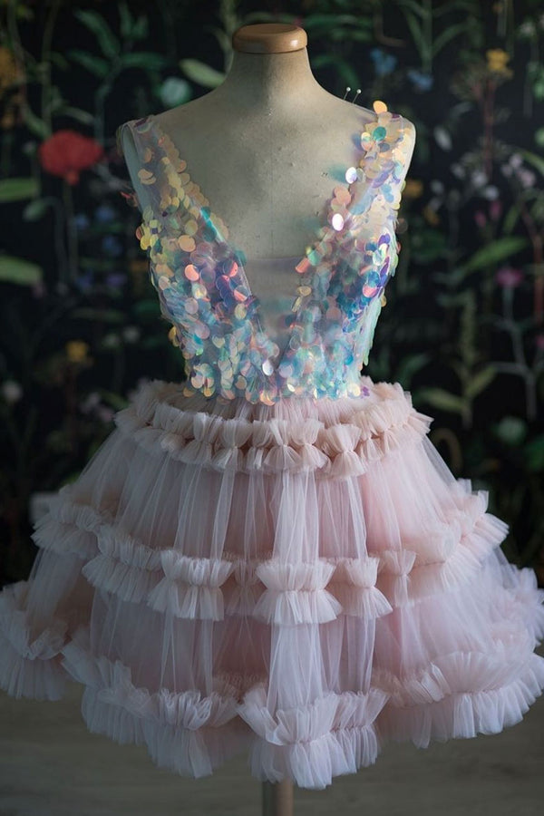 Pink v neck tulle sequin short prom dress pink cocktail dress