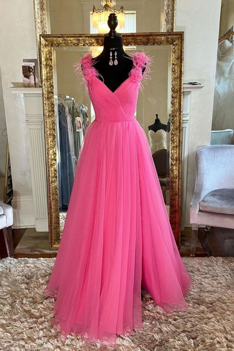 Pink v neck tulle long prom dress pink tulle formal dress