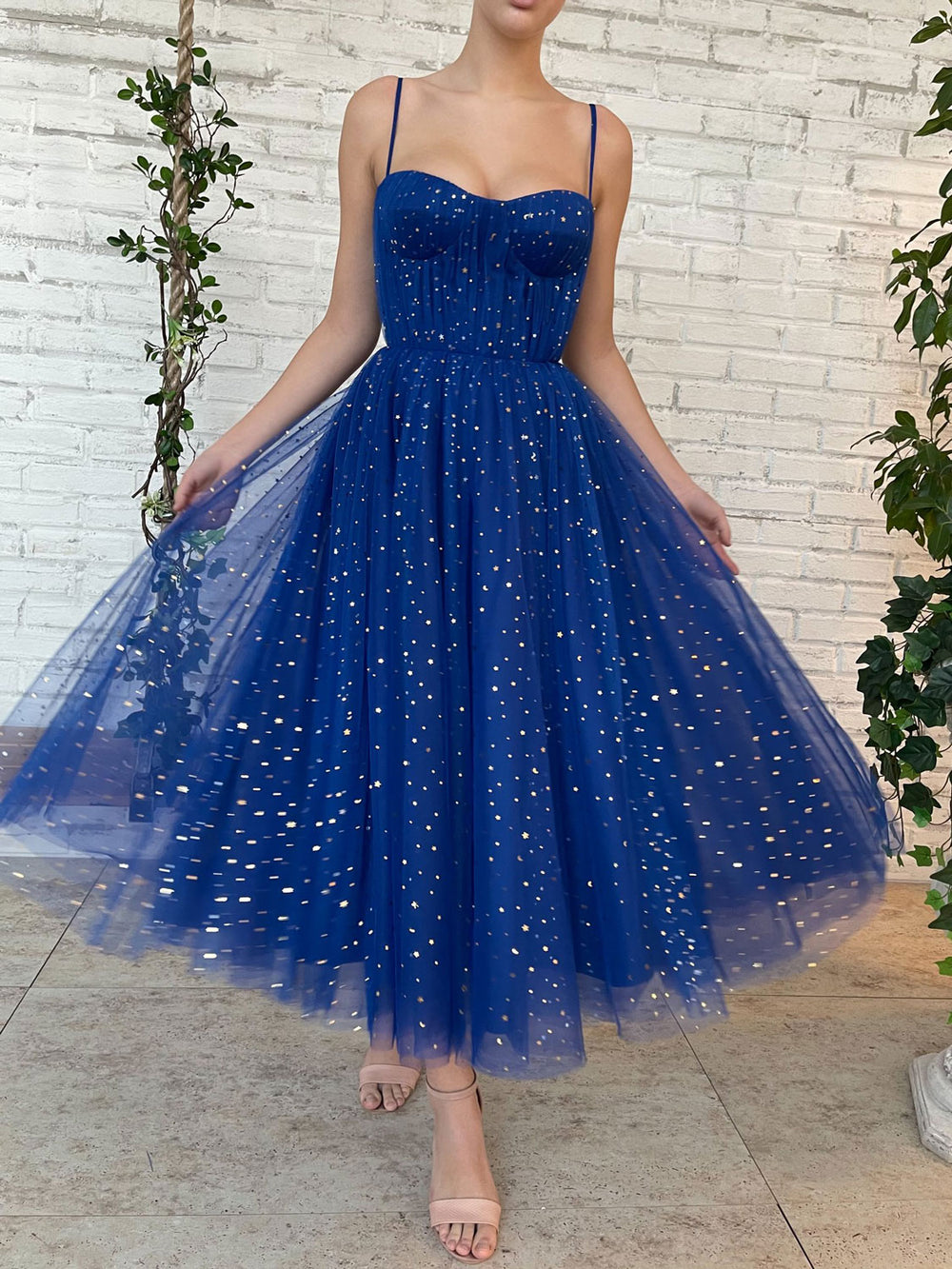 Blue tulle tea length prom dress, blue tulle bridesmaid dress