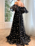 A-Line Black Tulle Long Prom Dress, Black Formal Evening Dresses