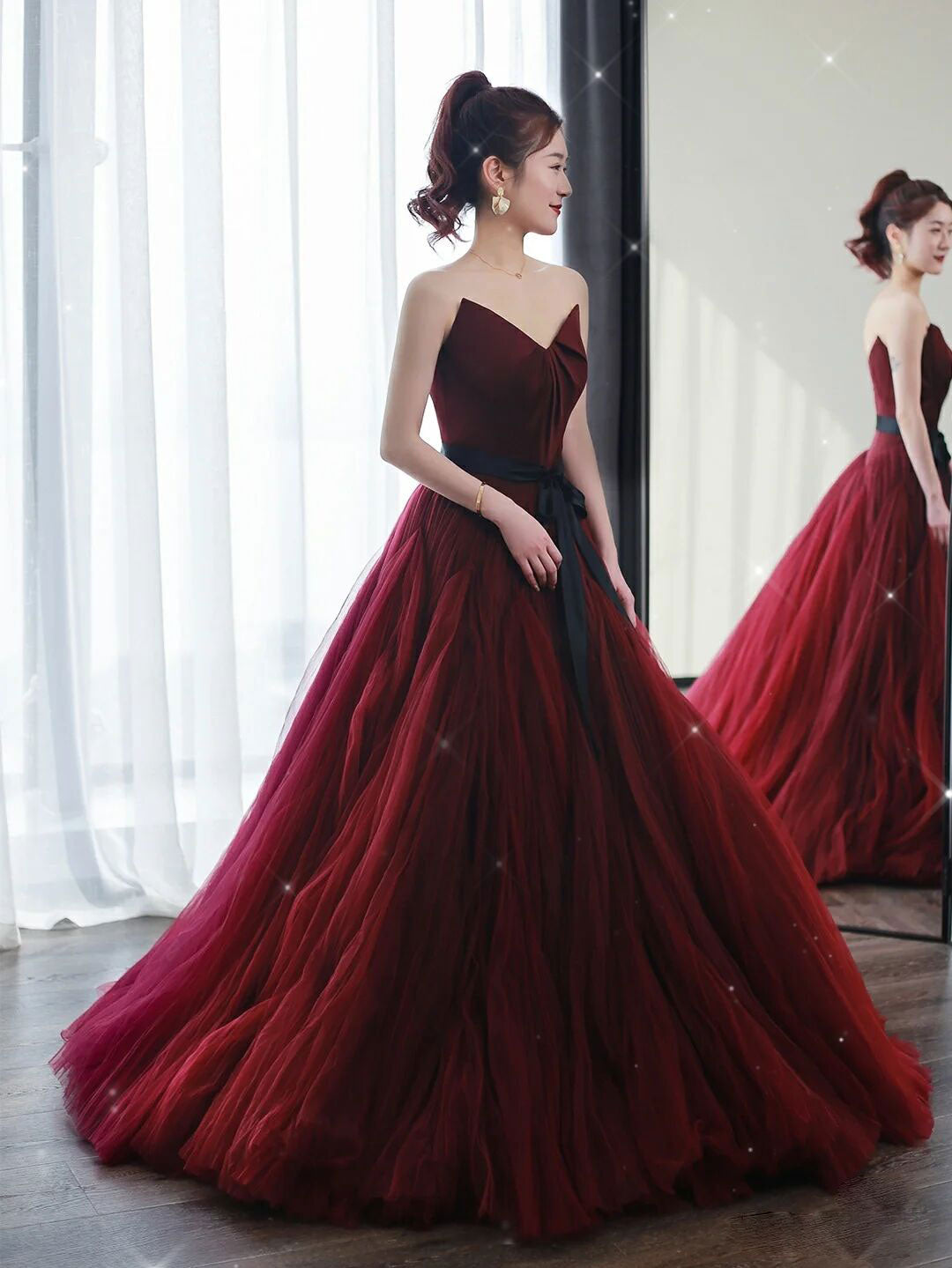 A line burgundy tulle long prom dress, burgundy evening dress