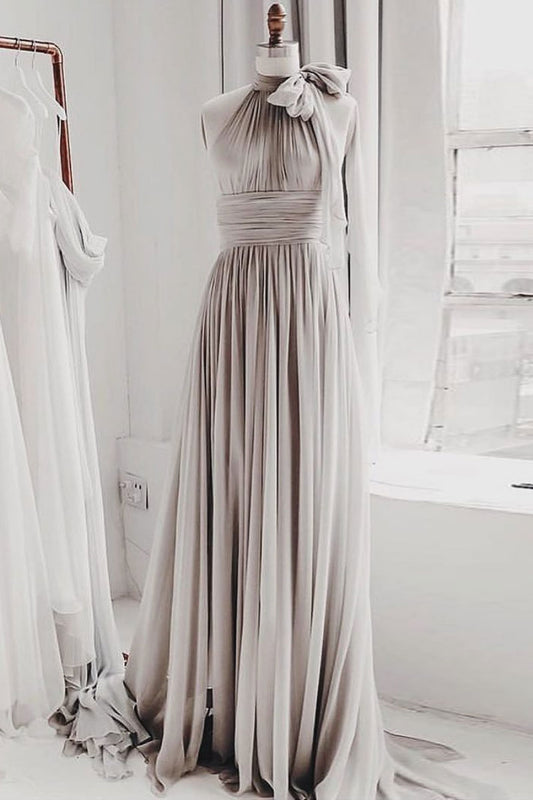 Simple chiffon gray long prom dress, gray bridesmaid dress