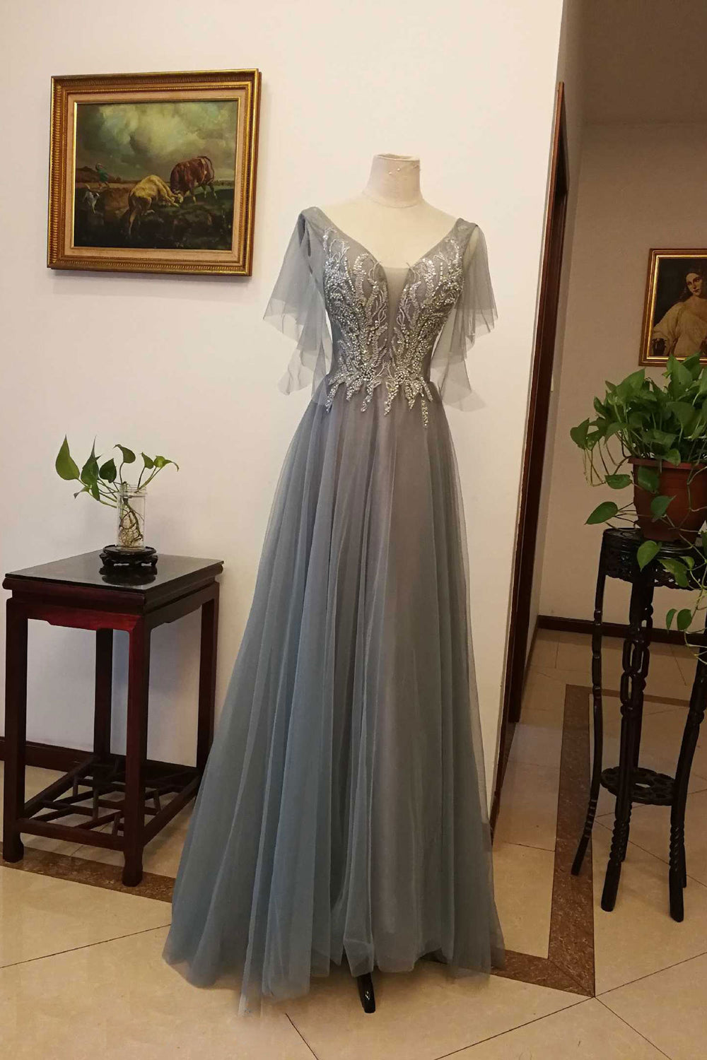 Gray v neck tulle sequin long prom dress, gray evening dress