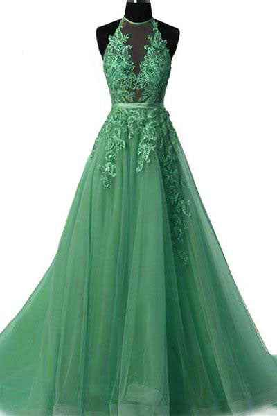Unique tulle lace applique green long prom dress, green tulle evening dress