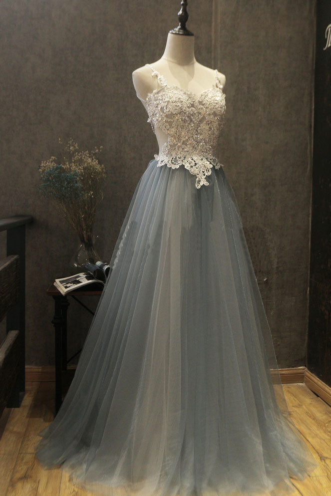 Gray sweetheart neck lace applique tulle long prom dress, gray evening dress
