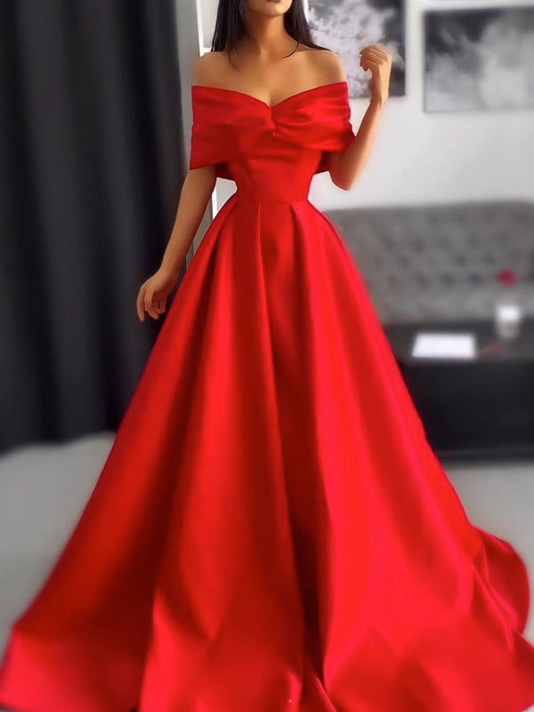 Simple red satin long prom dress, red long evening dress