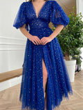 Royal Blue Long Prom Dresses, V Neck Tulle Blue Formal Evening Dresses