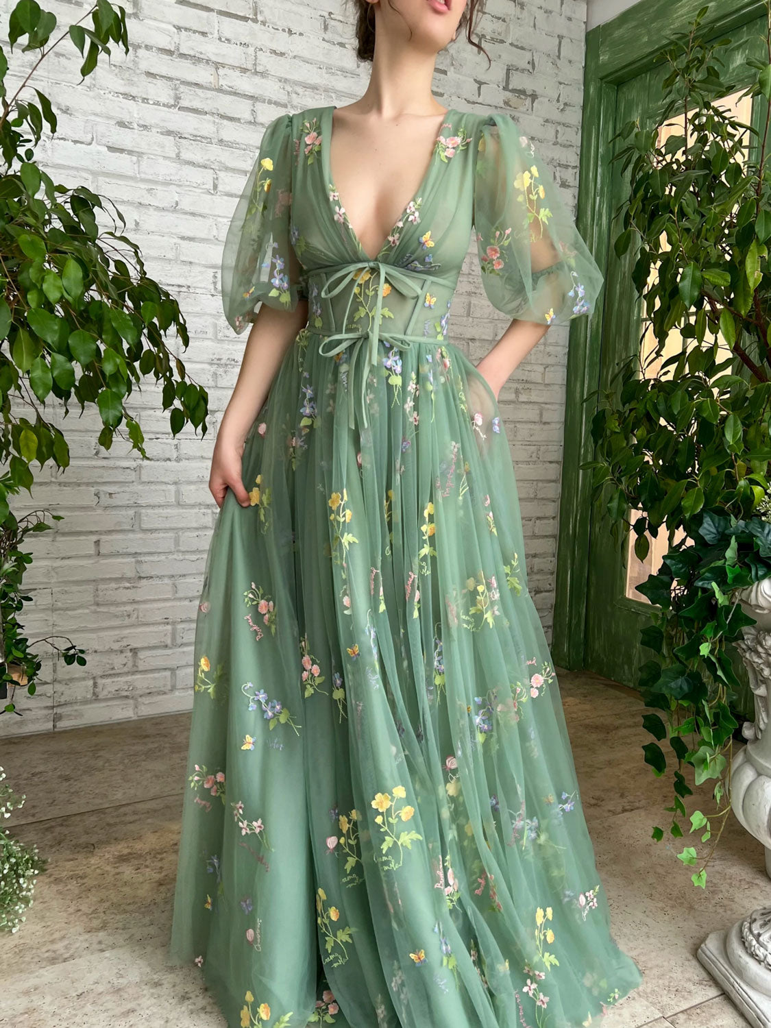 Green v neck tulle lace long prom dress, green tulle formal dress