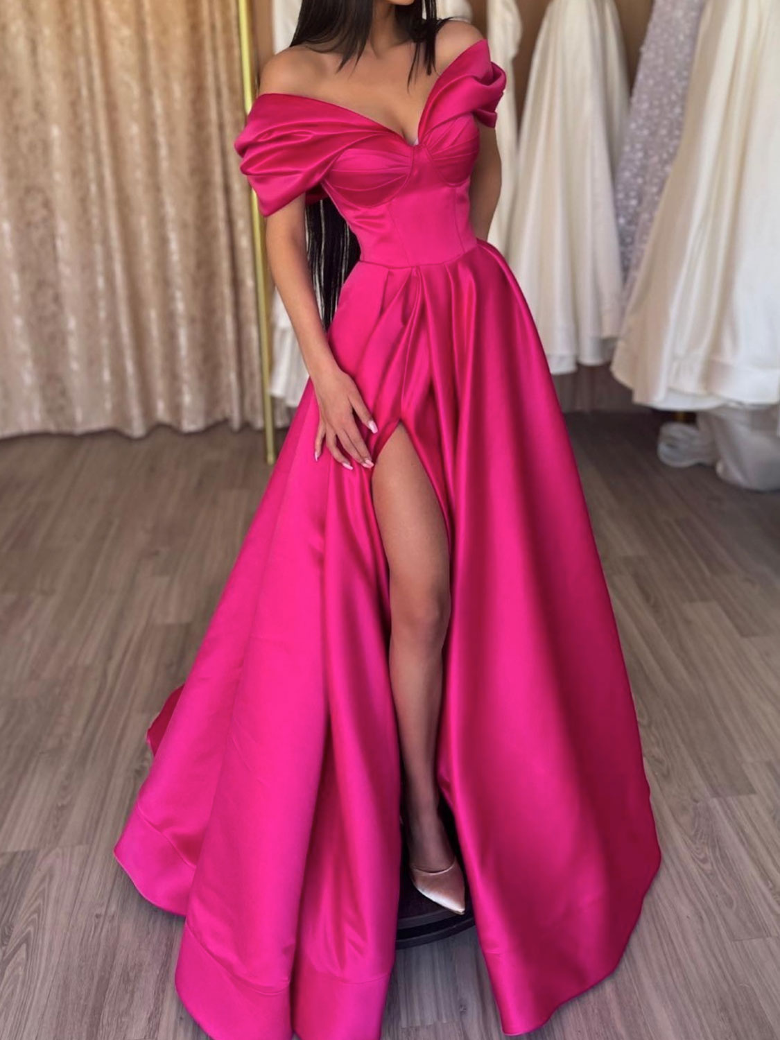 Elegant v neck off shoulder satin long prom dress, formal evening dress