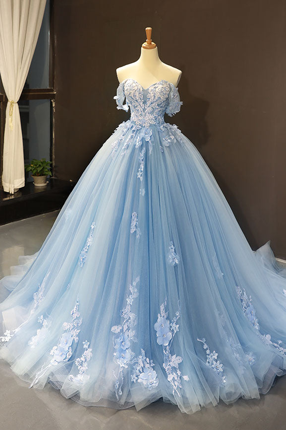 Blue off shoulder tulle lace long prom dress, blue evening dress