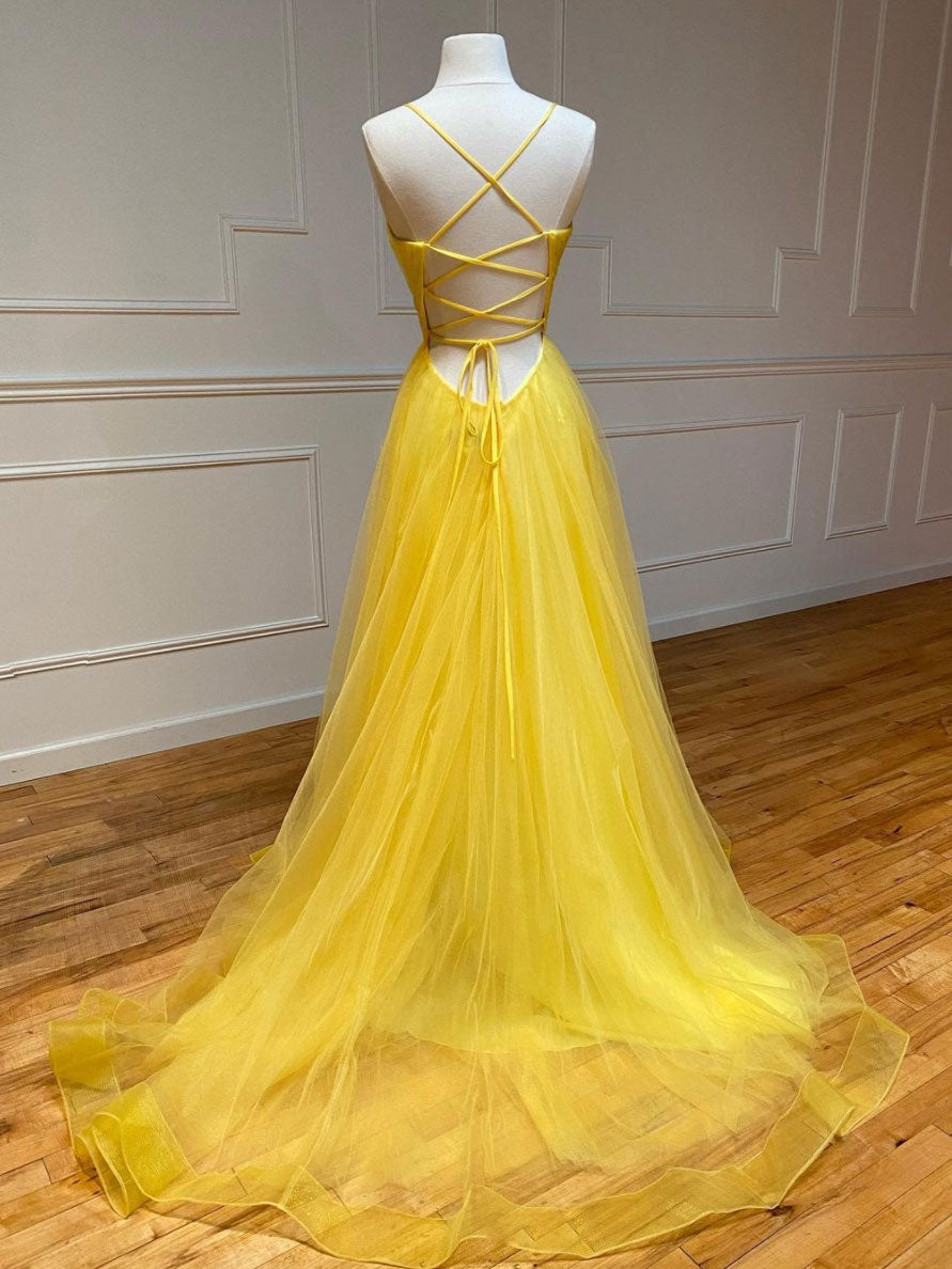 Yellow sweetheart tulle long prom dress, yellow evening dress