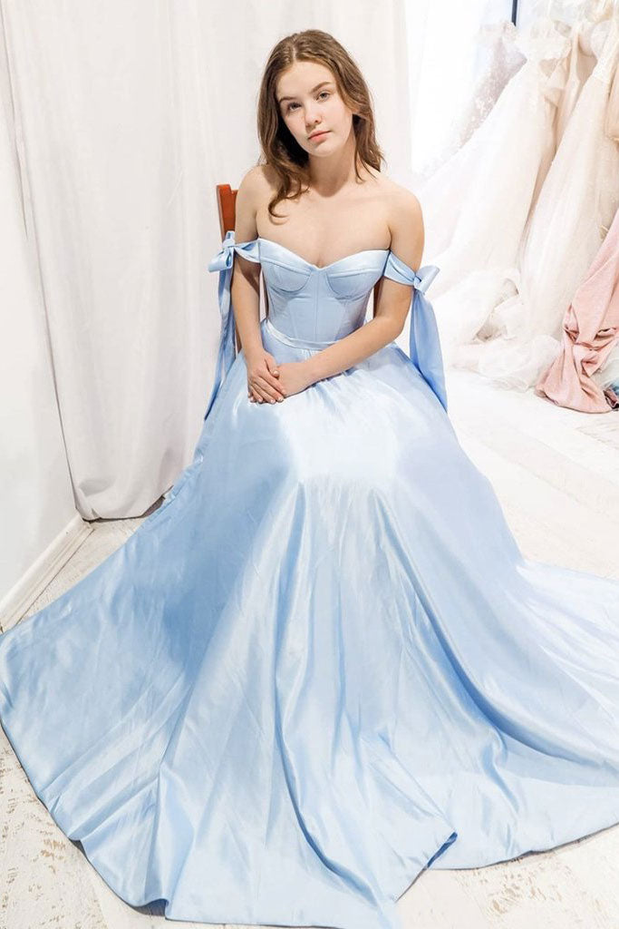 Simple blue sweetheart satin long prom dress blue evening dress