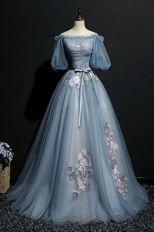 Unique gray blue tulle lace applique long prom dress, gray blue evening dress