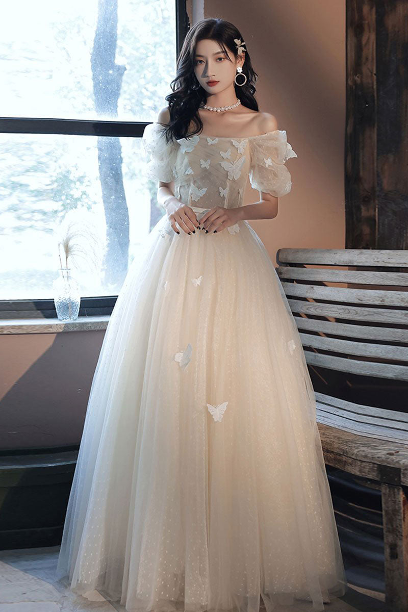 Champagne tulle applique long prom dress tulle formal dress