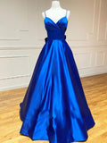 Blue v neck satin long prom dress,  blue evening dress