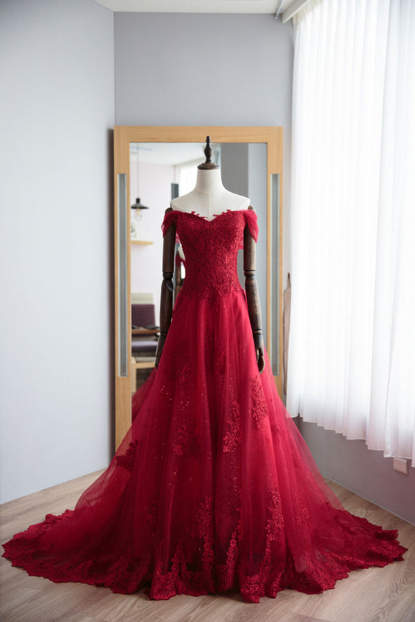 Red sweetheart lace tulle long prom dress, red evening dress