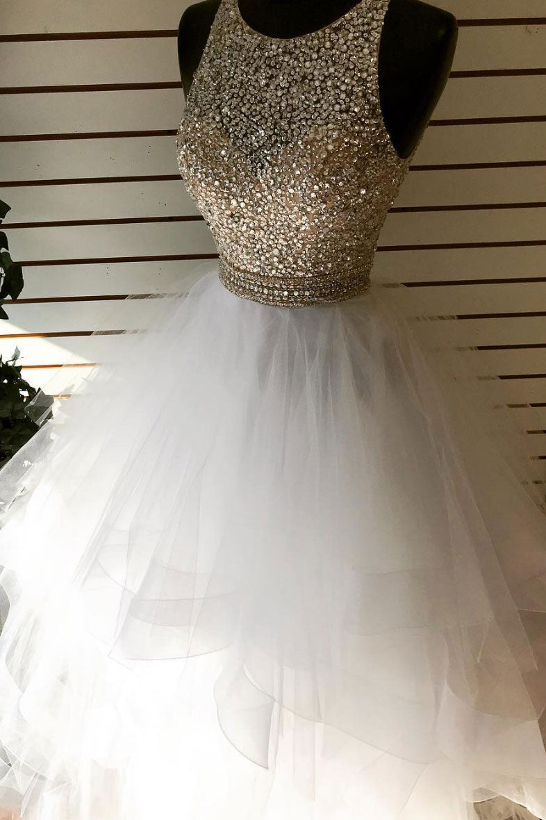 White round neck tulle sequin beads long prom dress, white evening dress