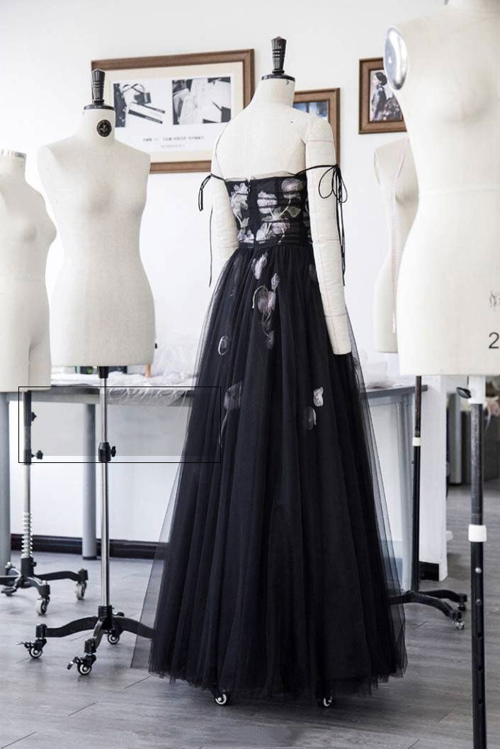 Black tulle long prom dress, black tulle evening dress