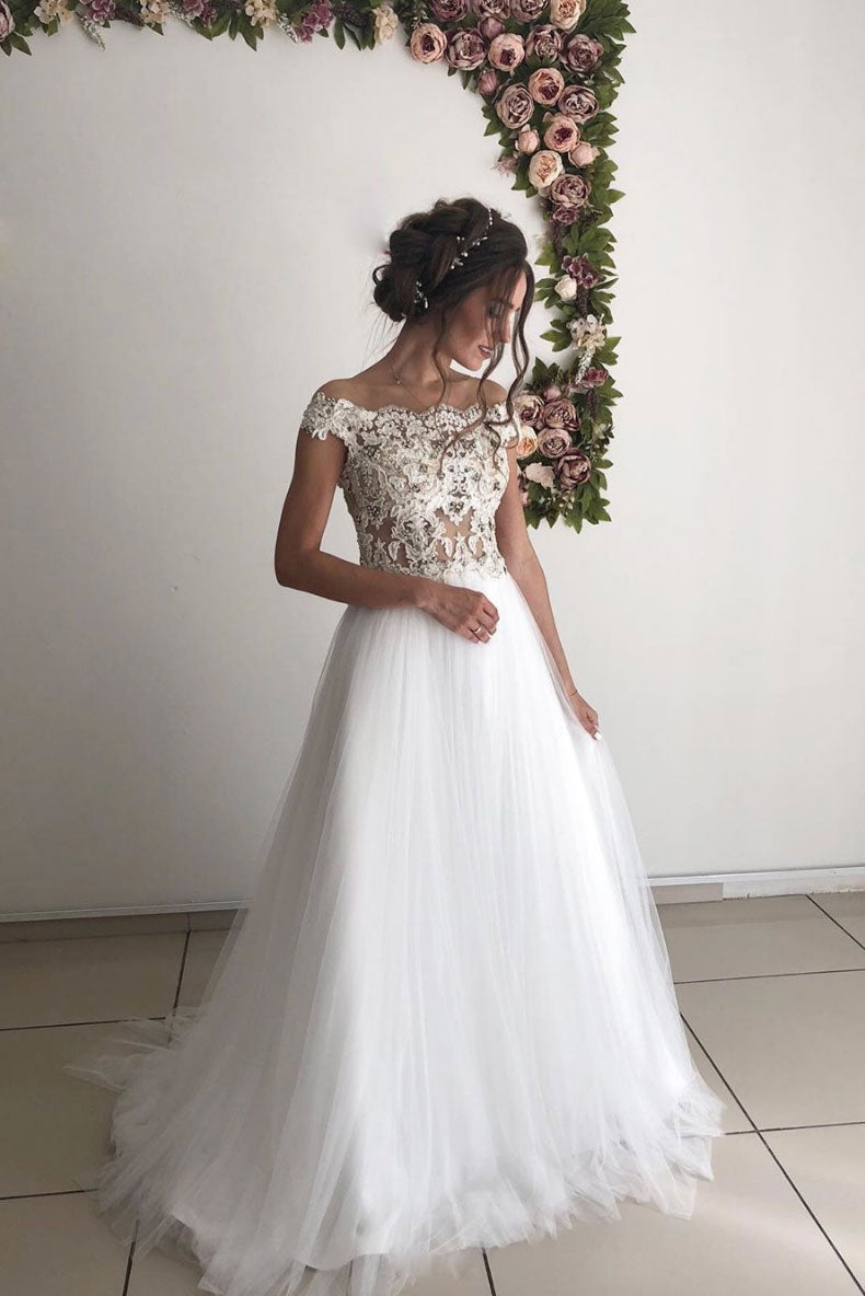 White tulle lace long prom dress white lace wedding dress