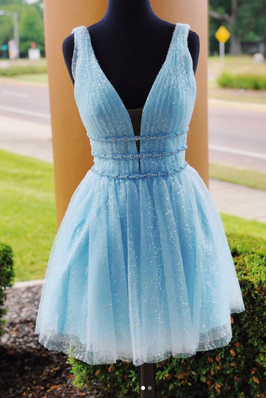 Blue v neck tulle short prom dress, blue tulle homecoming dress