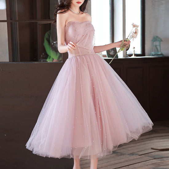 Pink A-Line Tea Length Prom Dress, Pink Tulle Formal Evening Dress – dresstby