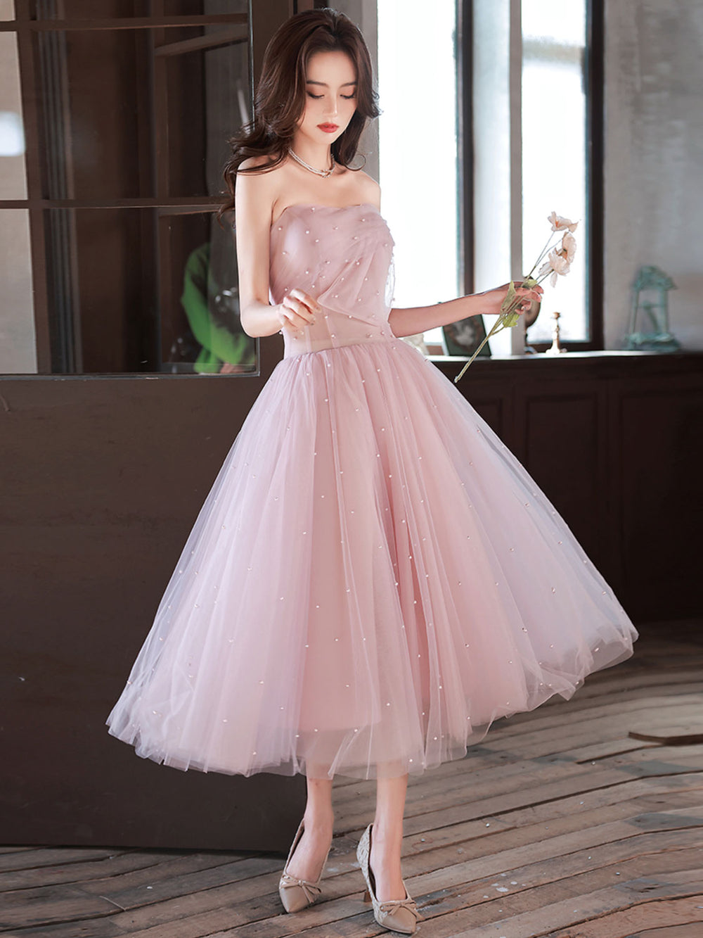 Pink A-Line Tea Length Prom Dress, Pink Tulle Formal Evening Dress