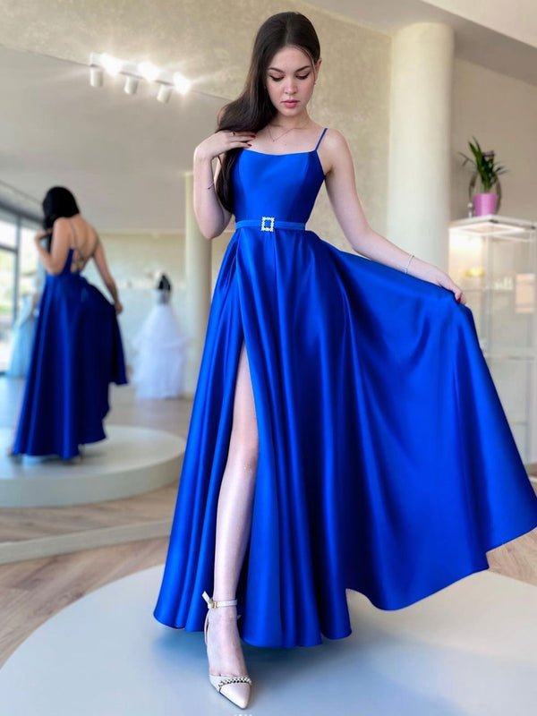 Simple Blue Satin Long Prom Dresses, Blue Formal Party Dress