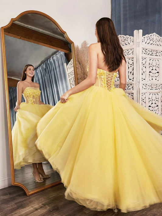 Yellow tulle tea length lace prom dress, yellow evening dress