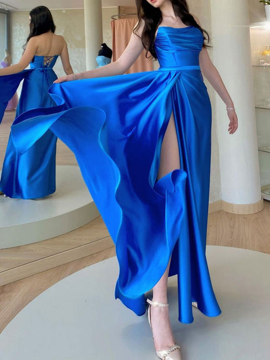 Simple blue satin long prom dress blue formal party dress