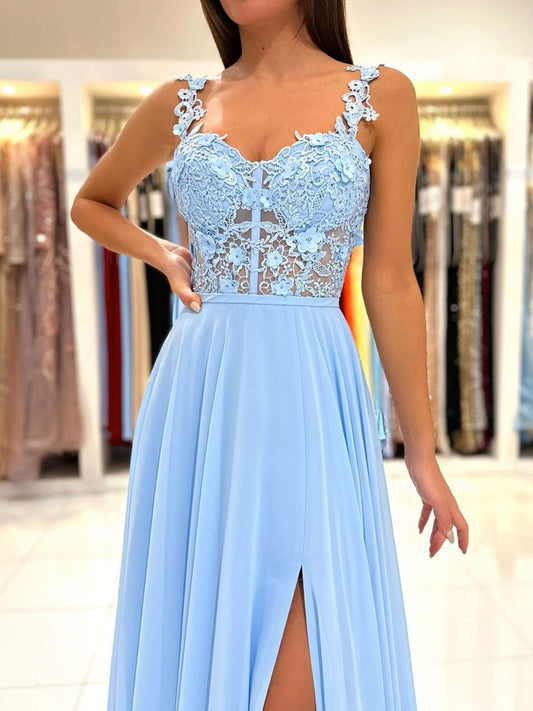 Blue A-Line Chiffon Lace Long Prom Dress, Blue Chiffon Long Formal Dress
