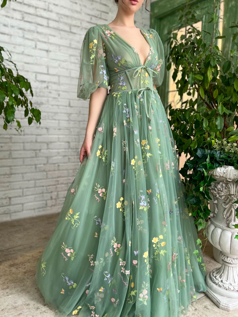 Green v neck tulle lace long prom dress, green tulle formal dress