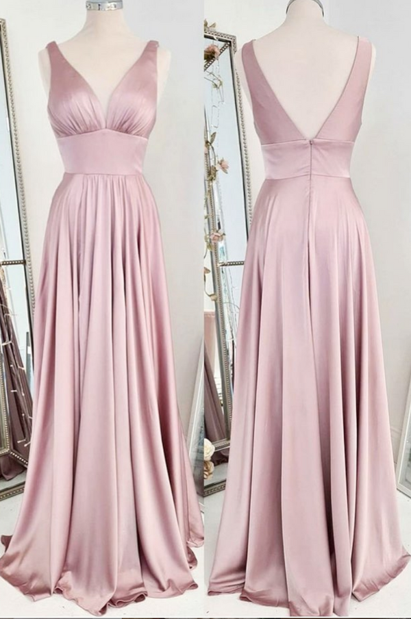 Simple pink satin long prom dress pink bridesmaid dress