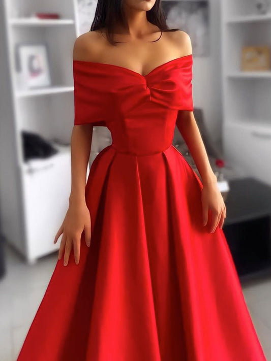 Simple red satin long prom dress, red long evening dress