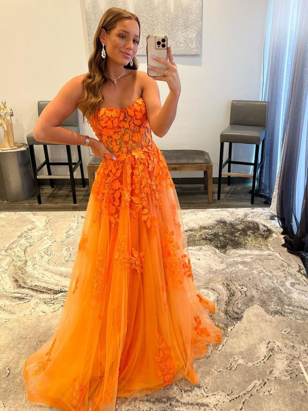 Orange sweetheart neck tulle lace long prom dress, orange formal gradu ...