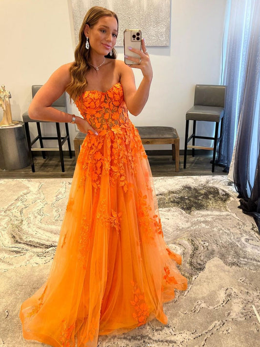 Orange sweetheart neck tulle lace long prom dress, orange formal graduation dress