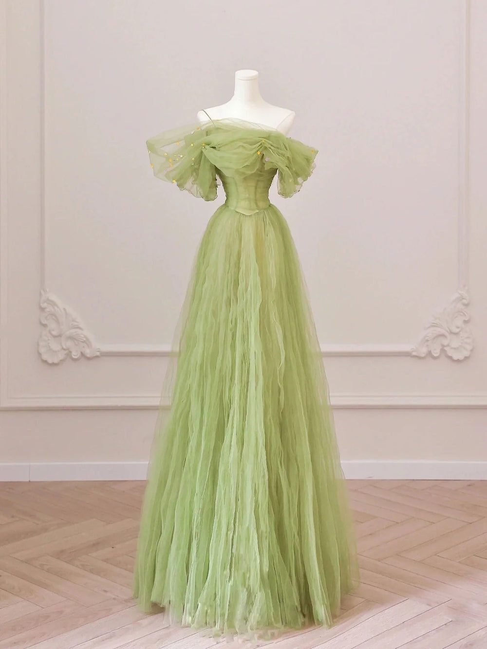 Green A line tulle long prom dress simple green formal party dress