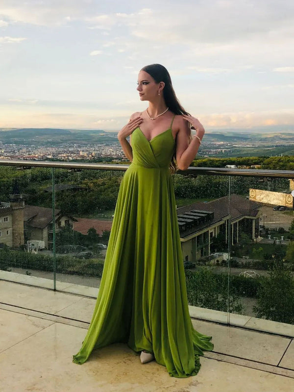 Simple A line green chiffon long prom dress, green evening dress