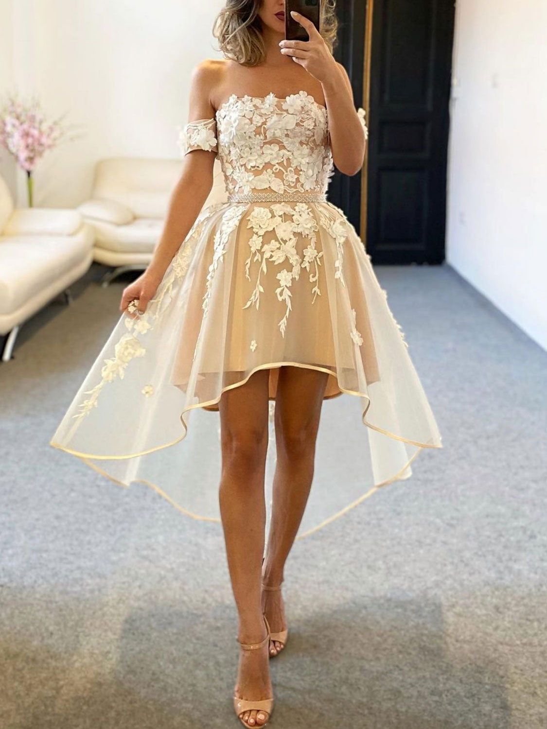 off shoulder dress with lace Champagne tulle off shoulder lace high low prom dress lace homecoming – dresstby